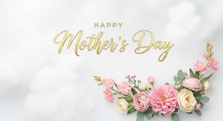 A beautiful floral arrangement with pink and white flowers and Happy Mother's Day textの写真素材