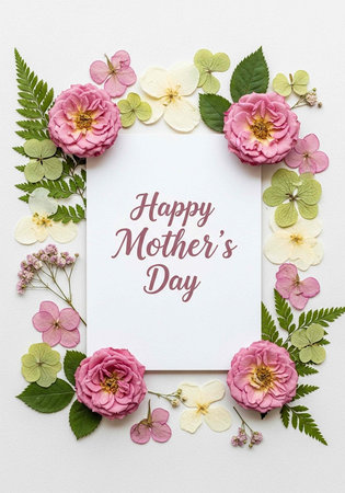 A beautiful floral arrangement celebrating Happy Mother's Day with pink and white flowersの写真素材