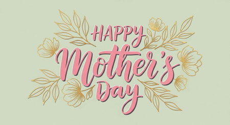 A festive Happy Mother's Day message with flowers and leaves on a pale backgroundの写真素材