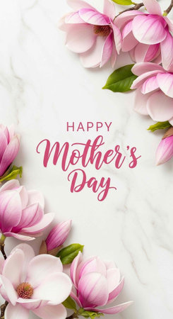 A beautiful Happy Mother's Day card with pink flowers on a marble backgroundの写真素材