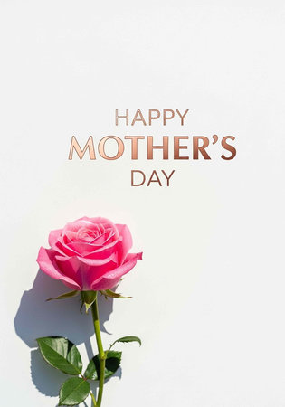 A pink rose with green leaves on a white background with Happy Mother's Day textの写真素材