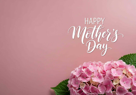 A beautiful pink hydrangea flower arrangement with a Happy Mother's Day message