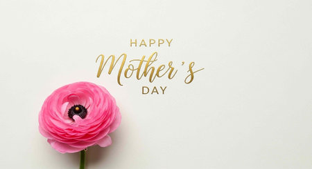 A pink flower with a Happy Mother's Day message on a white backgroundの写真素材