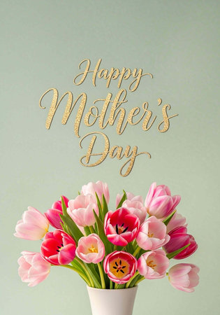 A beautiful bouquet of pink tulips in a white vase with Happy Mother's Day message