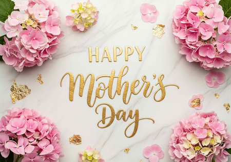 A beautiful Happy Mother's Day message surrounded by pink flowers and gold decorations