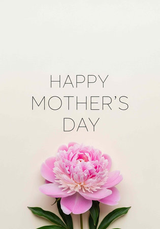 A beautiful pink peony flower with green leaves on a white background celebrating Mother's Dayの写真素材