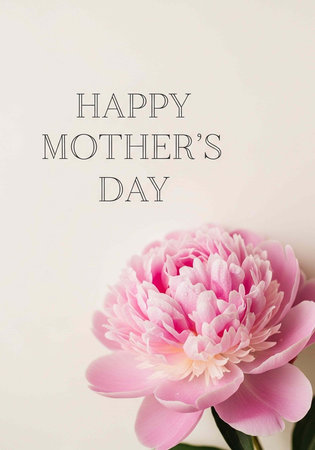 A beautiful pink peony flower with a Happy Mother's Day message on a soft backgroundの写真素材