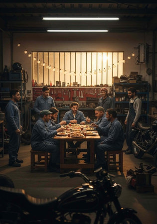 Group of laborers in blue uniforms eating together at table in workshop with tools and bikesの写真素材