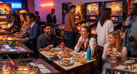 Diverse group of people eating and playing games together in a colorful arcade setting
