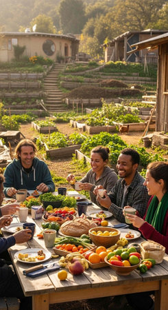 Diverse group of adults sitting at table with abundant food and drinks in gardenの写真素材