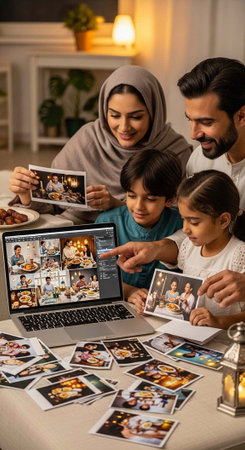 Happy family of four with headscarf looking at photos on laptop and paper together indoorsの写真素材