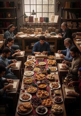 Men in casual attire working at desks, surrounded by food and books in a warm officeの写真素材