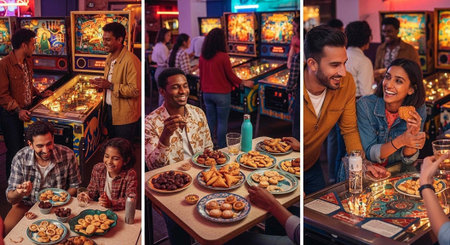 A group of adults play and socialize at an arcade with pinball machines and foodの写真素材