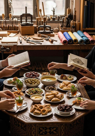 A group of people gather around a table with various dishes and drinks, holding books.の写真素材