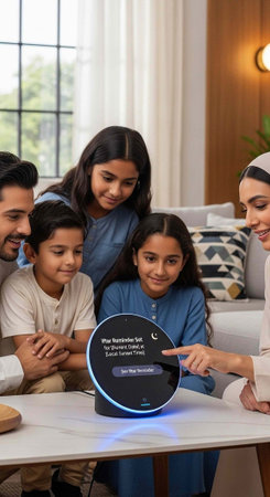 Diverse family of five gathered around smart speaker on coffee table in cozy living room setting