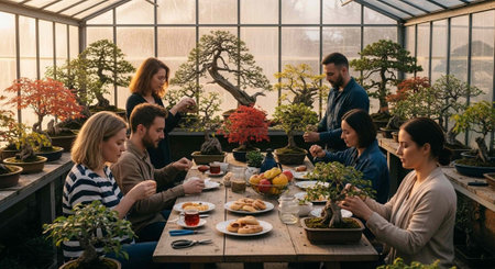 Group of adults sharing food and bonsai plants in a spacious greenhouse with many plantsの写真素材