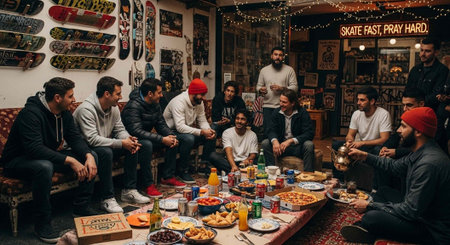 Diverse group of men gathered around table with food and drinks in skate shop interiorの写真素材