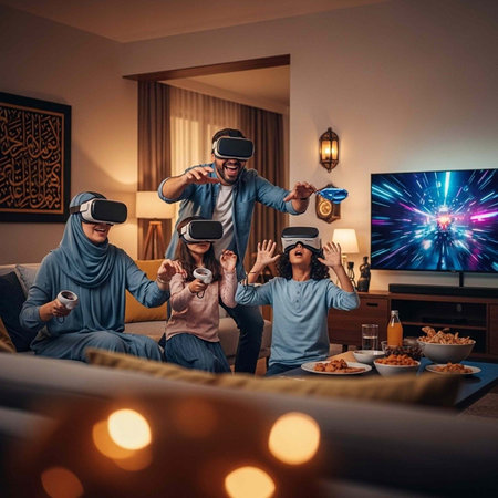 A family of four wearing VR headsets, playing games, and eating snacks in a cozy living roomの写真素材
