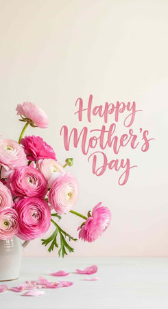 A beautiful bouquet of pink flowers in a white vase for Mother's Dayの写真素材