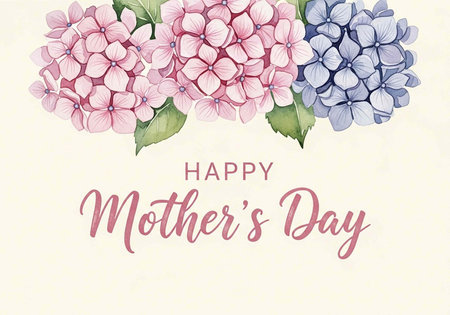 A beautiful Mother's Day card with pink and blue hydrangeas and festive text