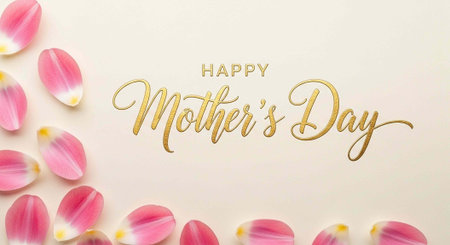 A Happy Mother's Day message with pink flower petals on a beige background