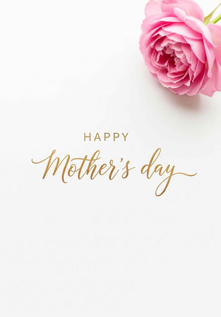 A pink rose and Happy Mother's Day message on a white backgroundの写真素材