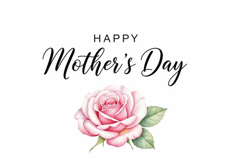 A beautiful pink rose with green leaves and Happy Mother's Day text on white backgroundの写真素材