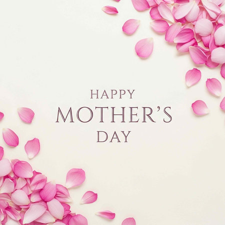 A Happy Mother's Day message surrounded by pink rose petals on a white background
