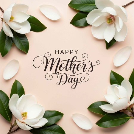 A beautiful Mother's Day card with white flowers and green leaves on a pink backgroundの写真素材