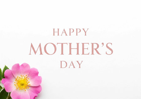 A pink flower with green leaves on a white background with Happy Mother's Day textの写真素材
