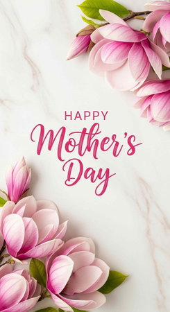A beautiful Happy Mother's Day card with pink flowers on a marble backgroundの写真素材