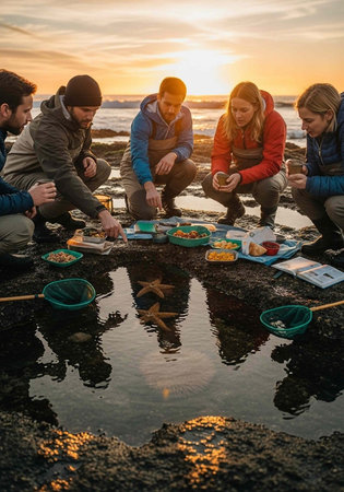 Five people sit on a rocky beach at sunset, surrounded by seafood and starfish in shallow waterの写真素材