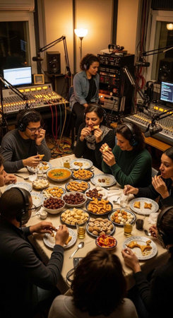 Group of individuals in headphones gathered around a table filled with food and drinks in studioの写真素材