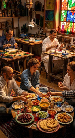 People sit around a table with various dishes, surrounded by workbenches and stained glass artの写真素材