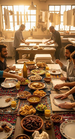 Group of people sitting around a table filled with food, drinks, and plates in a warm roomの写真素材