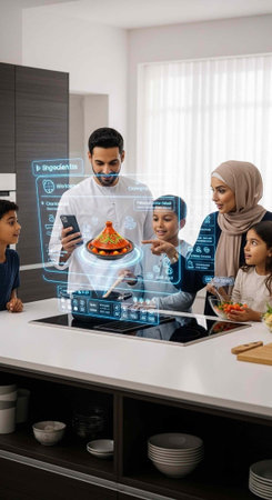 Diverse family interacting with futuristic kitchen interface and digital food presentation at countertopの写真素材