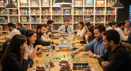 People sitting around a table playing games with food and drinks in a library settingの写真素材