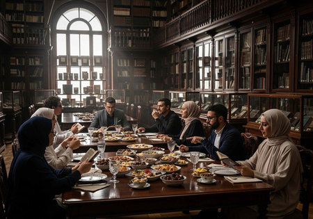 A group of people wearing headscarves and formal attire sitting around a table with foodの写真素材