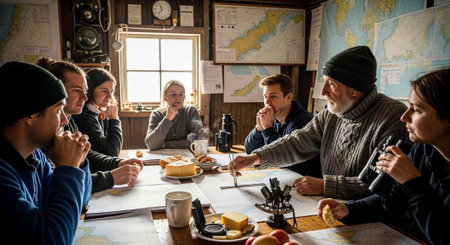 Seven individuals sit around a table with maps, eating bread and cheese in a warm roomの写真素材