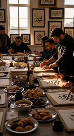 Group of men in a calligraphy class, working on art, surrounded by food and suppliesの写真素材
