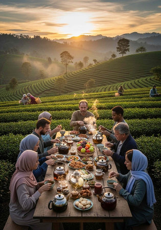 People sitting around long table with food and tea in tea fields at sunsetの写真素材