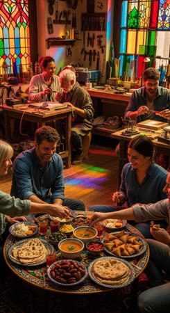 Group of people gathered around a table with food, sitting and standing in a workshopの写真素材