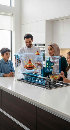Family of four interacting with innovative kitchen tech, virtual cooking aid, and food displayの写真素材