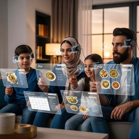 A family of four wearing VR headsets and browsing virtual food menus together in a living roomの写真素材