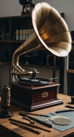 Antique gramophone on wooden workbench with scattered tools and bookshelf in dimly lit roomの写真素材