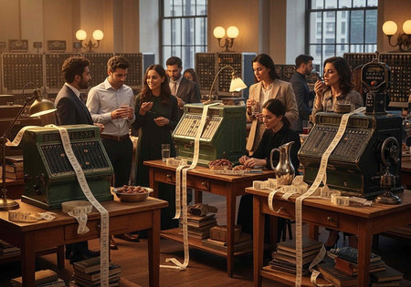 Group of people socializing in a room with old cash registers and wooden desksの写真素材
