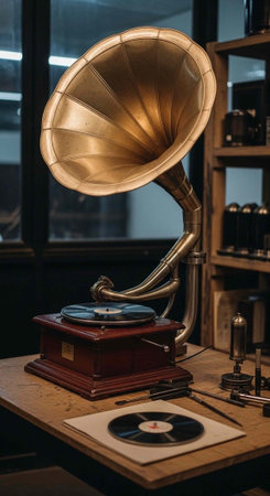 Antique gramophone with brass horn on wooden table with vinyl record and various tools nearbyの写真素材