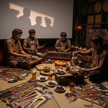Four men in traditional attire playing musical instruments with food and drinks around them indoorsの写真素材