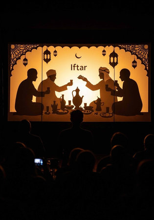 Silhouetted figures gather for iftar meal with food, tea, and lanterns in warm orange setting