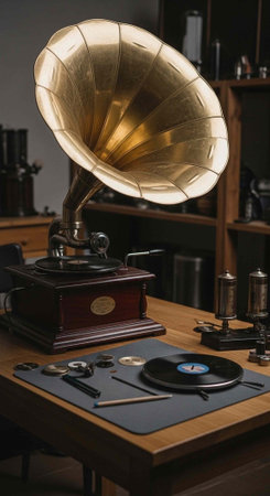 Antique gramophone with brass horn on a wooden workbench surrounded by tools and recordsの写真素材